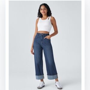 Halara Wide Leg Jeans Small High Rise Blue Cuffed Hem Stretch Denim
